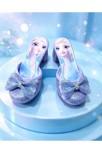 SGF KIDS лилави сандали с ток, с детски мотиви и блестящ пясък
