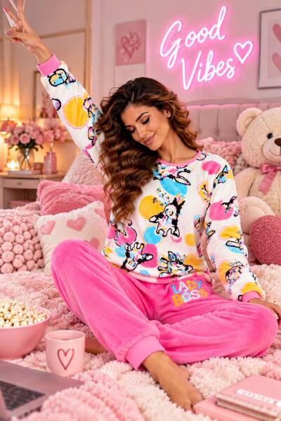 VİENETTA Cocolino Pink Women's Fluffy Pajamas, Colorful Printed Blouse and Pi...