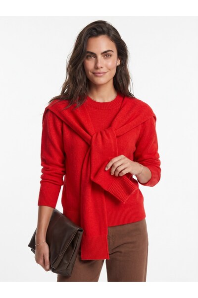 WeShaya Red Scarf-Detail Knit Sweater, Rib Knit, Long-Sleeved, Crew Neck