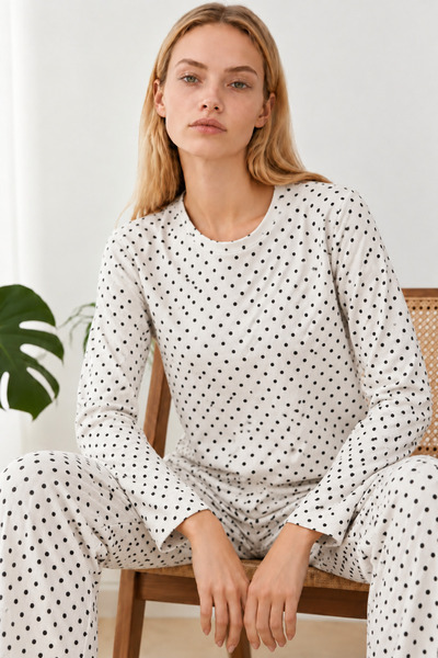 FİT WOMEN Women's Trendy White Winter Nightgown and Pajama Set 4858