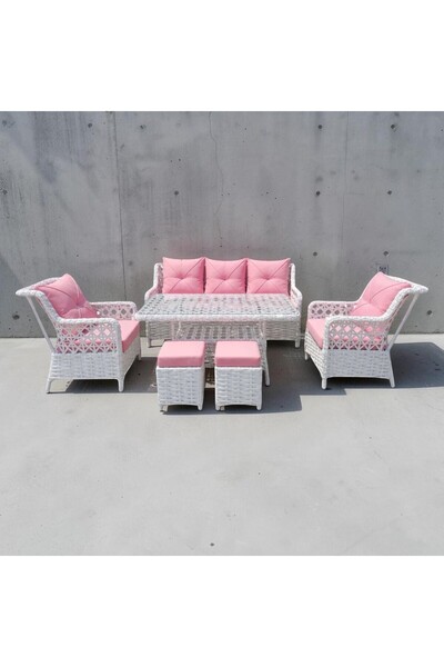 Genel Markalar Flora Rattan Bahçe ve Balkon Oturma Takımı (3+1+1) - Pembe Min...