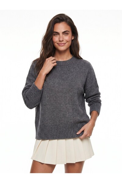 WeShaya Anthracite Crew Neck Oversized Sweater, Rib Knit, Knit, Drop-Shoulder