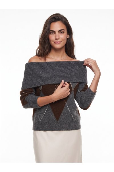 WeShaya Anthracite Diamond Patterned Madonna Sweater, Rib Knit, Knit