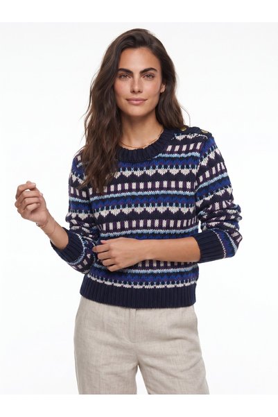WeShaya Navy Blue Sweater with Shoulder Patches, Rib Knit, Knit, Crew Neck, B...