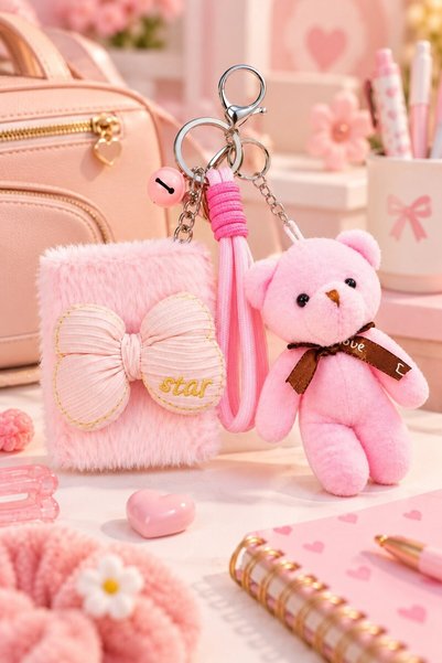 Lexi Bella Pink Plush Teddy Bear-Shaped Bag Charm, Keychain, and Pink Plush B...
