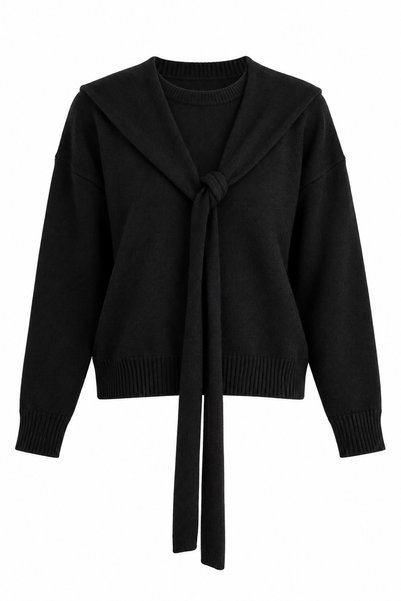 WeShaya Black Sailor-Collar Knit Sweater, Rib Knit, Drop Shoulder, Crew Neck