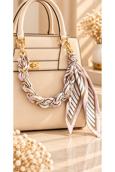 MİLANO BEAUTYS Chain Bag Accessory – Beige Striped Scarf – Knitted Bag Handle...