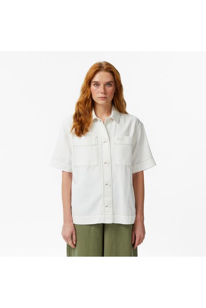 Lacoste Kadın Regular Fit Kısa Kollu Düğmeli Yaka Krem Gömlek