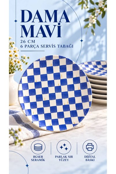 ers erbaşlar DAMA MAVİ 6 Kişilik Lüks Servis Tabağı 26 cm