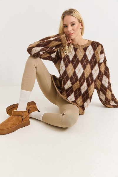WeShaya Brown Diamond Patterned Oversized Sweater, Rib Knit, Knit, Drop Shoul...