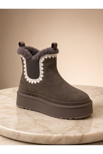 Kemal Aygün - Comfort Platform Suede Boots – Fur-Trimmed, White Crochet Detai...