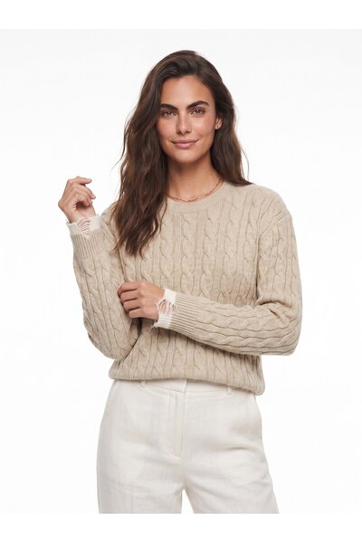 WeShaya Beige Braided Knit Sweater, Rib Knit, Drop Shoulder, Crew Neck
