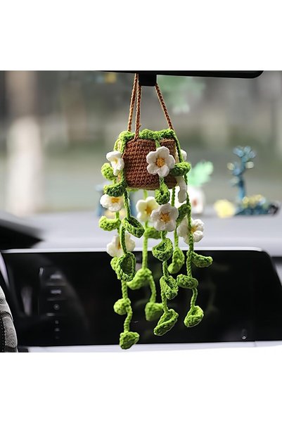 Generic Cute Crochet Plant Rear View Mirror Pendant Decoration, Handmade Knit...