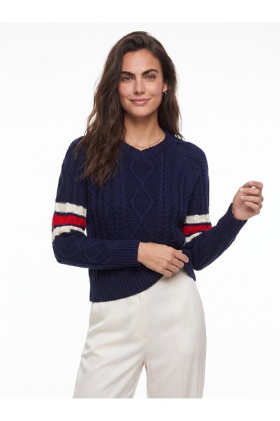WeShaya Navy Blue V-Neck Knit Sweater, Rib Knit