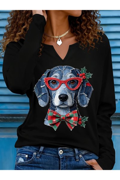 Deocept Printed Cotton-Stretch Fabric Half-V-Neck Long-Sleeve Blouse
