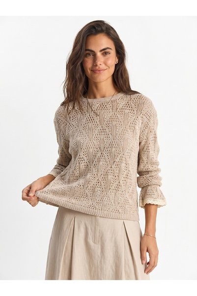 WeShaya Stone-Patterned Ruffled Sleeve Sweater, Relaxed Fit, Rib Knit, Knit, ...