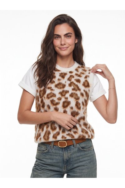 WeShaya Ecru Brown Leopard Print Sweater, Brushed Inside, Rib Knit, Knit, Sle...
