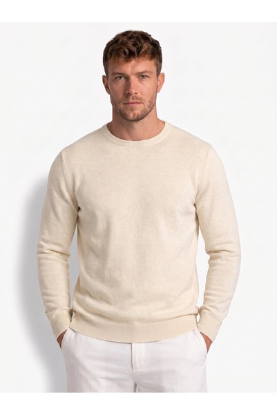 San&Fa Men's Cream-Colored Wool Blend Crew Neck Knit Sweater - Soft-Textured