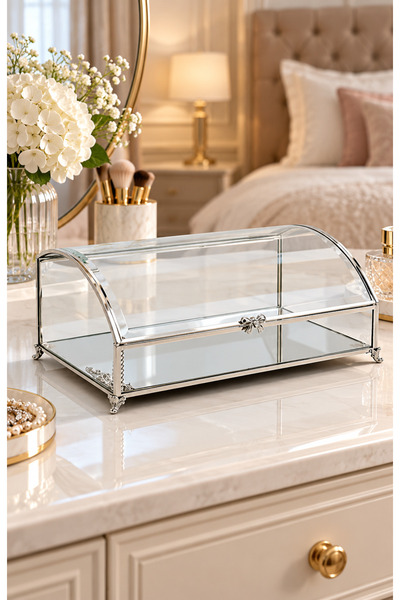 Hinora Home Ribbon-Detail Curved Glass Jewelry Box – Decorative Jewelry Box w...