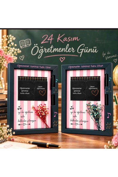 cingöz Öğretmenler Günü Masaüstü Pano Seti - Defter Kalem Kuru Çiçekli Hediye Kutusu