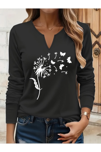 Deocept Printed Cotton-Stretch Fabric Half-V-Neck Long-Sleeve Blouse