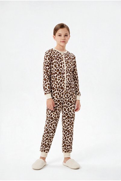 Kyron Kız Çocuk Leopar Desenli %100 Pamuklu Şardonlu Compact Penye Tulum