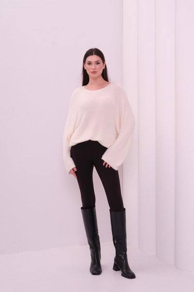 OCEAN KNITWEAR YUMUŞAK DOKULU KREM RENGI YARASA KAZAK