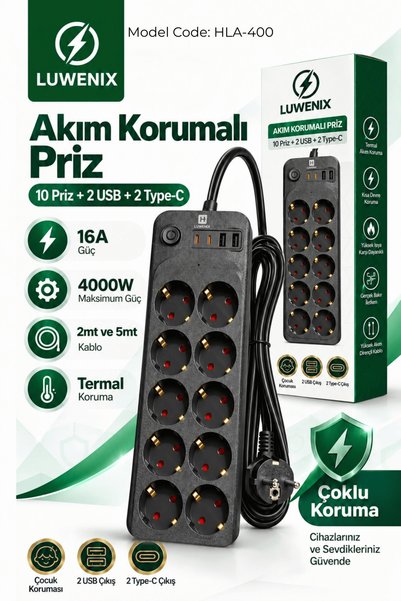 Luwenix 5mt 10’Lu Akım Korumalı Çoklu Priz – 2 USB + 2 Type-C | 4000W 16A | 4...