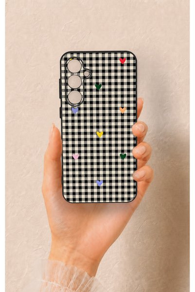 Vip Case Samsung S23Fe Compatible Silicone Case with Heart-Shaped Plaid Pattern