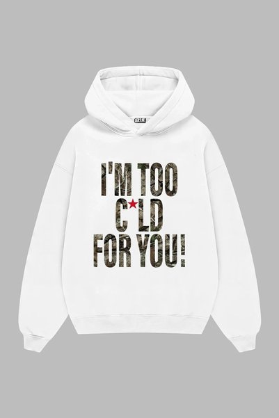 Bak Moda هودي أبيض كبير الحجم للجنسين مطبوع عليه عبارة "Cold For You".