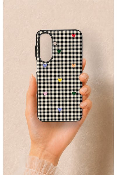 Vip Case غطاء سيليكون بتصميم مربعات ونقشة على شكل قلب، متوافق مع هاتف سامسونج...