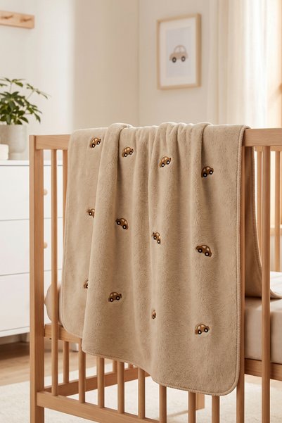 LİVİA SOFT Welsoft Bebek Battaniyesi Araba Nakışlı 90x100 cm Yumuşak Peluş Ye...