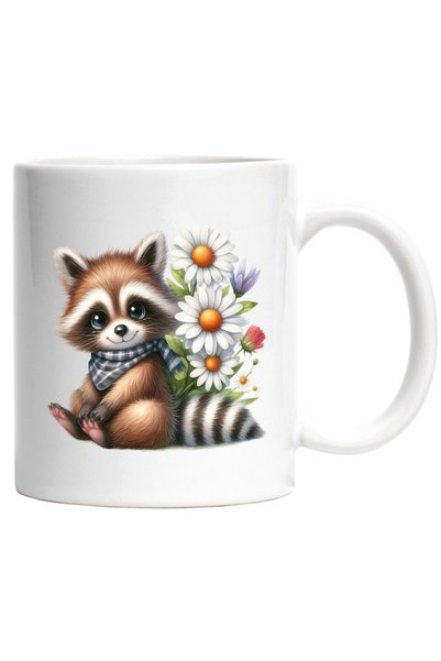 INOVATIX Personalized white mug, a cheerful raccoon in nature, happiness, whi...