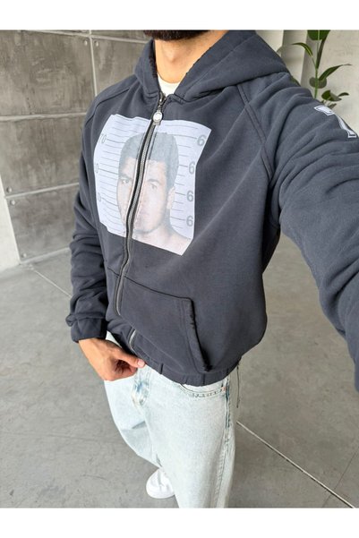 FO4RBS M.ALİ Printed Distressed Sweatshirt with Zip Detail and Detailed Desig...