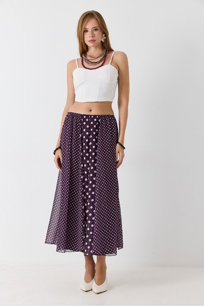 WeShaya Burgundy Polka Dot Elastic-Waist Skirt, Chiffon, Ruched, Lined, Midi ...