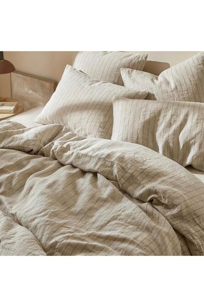 Generic - 3 Piece Striped Duvet Cover Set, Washed Cotton Linen Blend Bedding ...