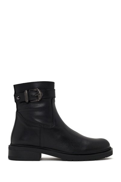 Derimod Women's Black Leather Zip-Up Boots with Buckle WF190048DV