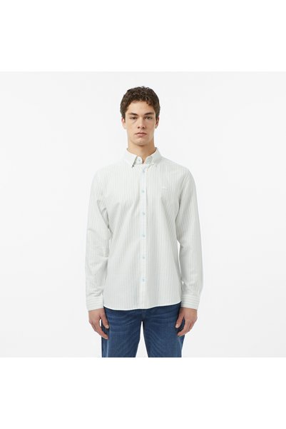 Lacoste Erkek Reguar Fit Çizgili Keten Beyaz Gömlek