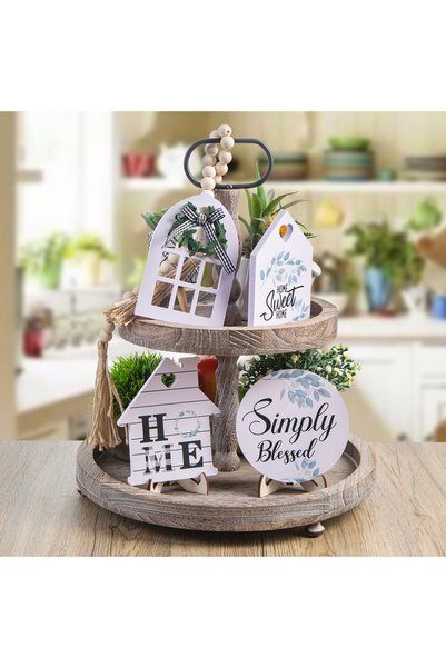 Noonedibs Tavă vintage din lemn rustic cu două niveluri și mâner rotund din m...