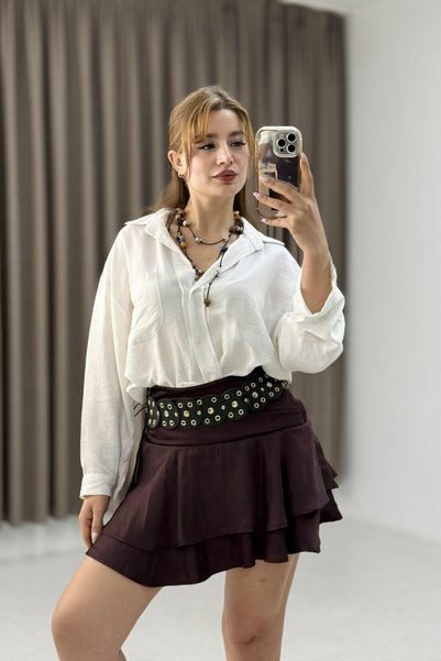 WeShaya Burgundy Satin Ruffled Skirt, High-Waisted, Mini Length
