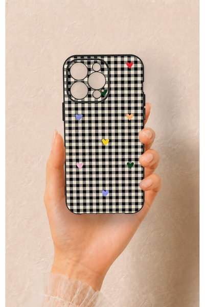 Vip Case iPhone 13 Pro Max Compatible Silicone Case with Heart-Shaped Plaid P...