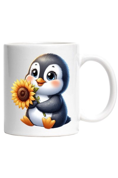 INOVATIX Personalized white mug, a cheerful penguin holding a flower, sunflow...