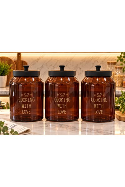 ALLEGRI Set of 3 Glass Jars with Vacuum-Sealed Metal Lids, Amber, 4000 ML x 3