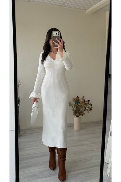 Sirena By Serpil Kadın Ekru V Yaka Fitilli Uzun Triko Elbise