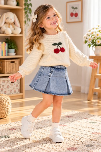 SERPİL Girls' Ecru Knit Sweater with Cherry Embroidery and Blue Denim Pleated...