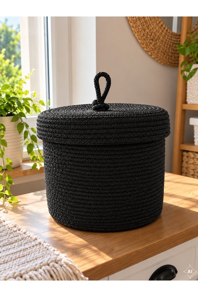 ÖRGÜM Coș împletit cu aspect de răchită, cu capac, de 30 x 25 cm – Coș decora...