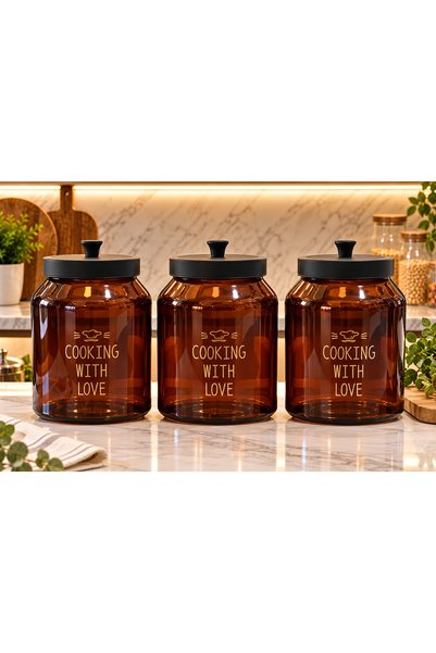 ALLEGRI Set of 3 Glass Jars with Vacuum-Sealed Metal Lids, Amber, 3000 ML x 3