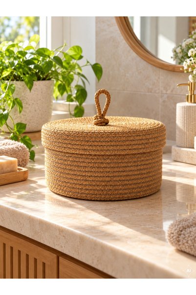 ÖRGÜM Coș tricotat cu capac, 25x15 cm, organizator multifuncțional pentru bai...