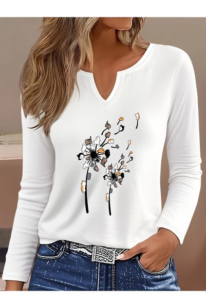 Deocept Printed Cotton-Stretch Fabric Half-V-Neck Long-Sleeve Blouse