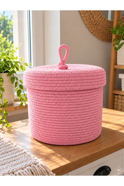 ÖRGÜM Coș împletit cu aspect de răchită, cu capac, de 30 x 25 cm – Coș decora...